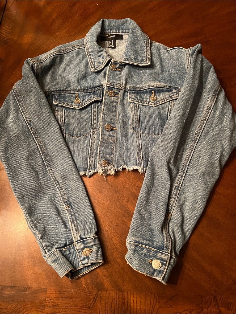 Forever 21 Distressed Cropped Denim Jacket - Light Blue